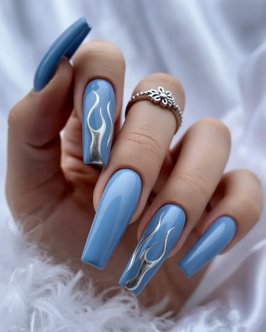Cool Blue Nail Ideas for Summer 2025 Chrome Flames in Sky Blue