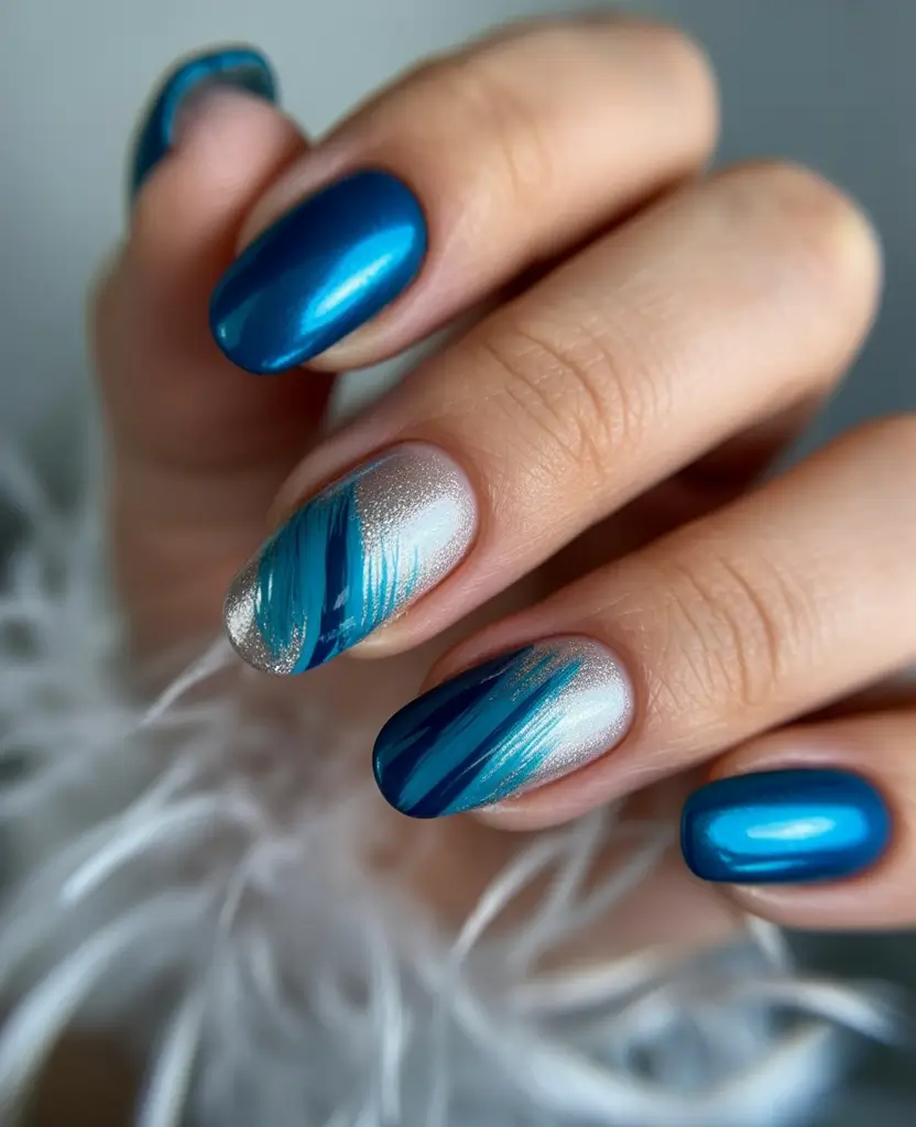 Cool Blue Nail Ideas for Summer 2025 Shimmer Meets Swipe: Ocean-Streaked Realness