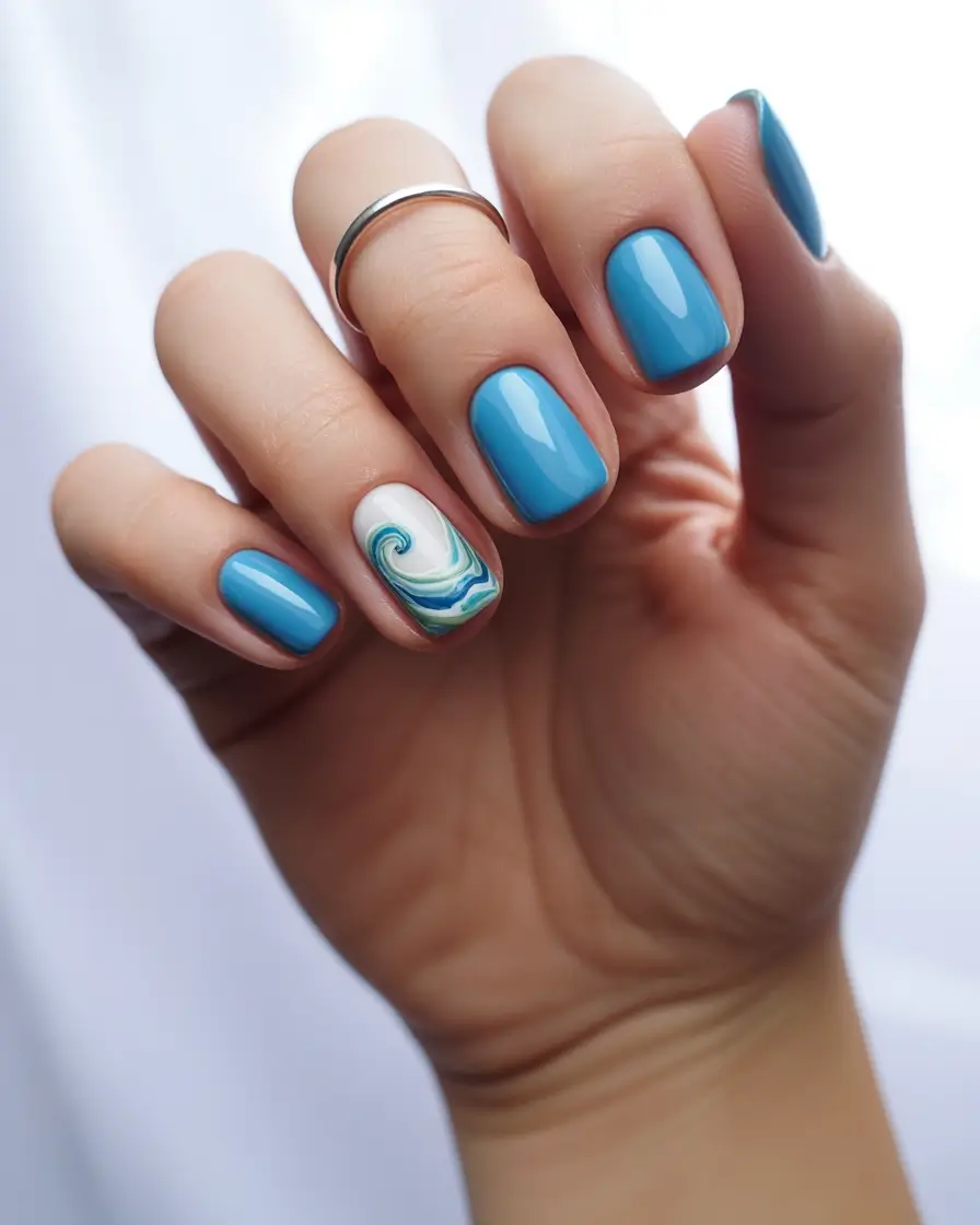 Cool Blue Nail Ideas for Summer 2025 Wave Accent on Classic Blue