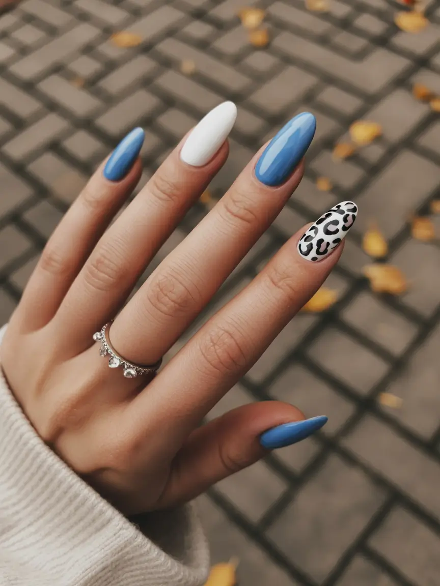 Cool Blue Nail Ideas for Summer 2025 Bold Contrast with Leopard Accents