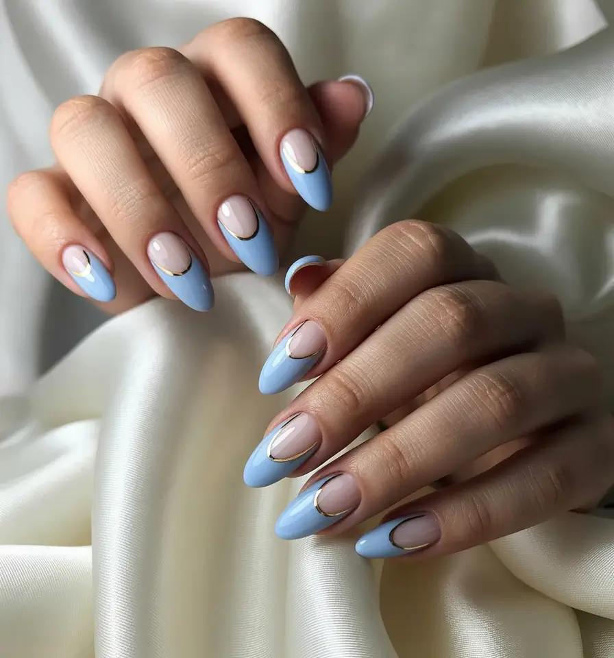 Cool Blue Nail Ideas for Summer 2025 Half-Moon French with Baby Blue Tips