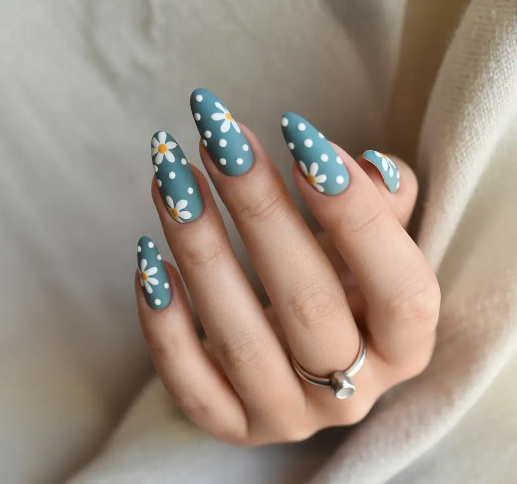 Cool Blue Nail Ideas for Summer 2025 Daisy Dots on Matte Teal