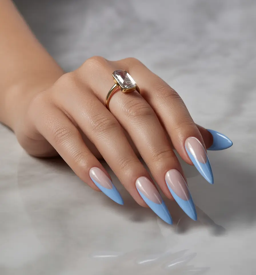 Cool Blue Nail Ideas for Summer 2025 Soft V-Tips in Baby Blue
