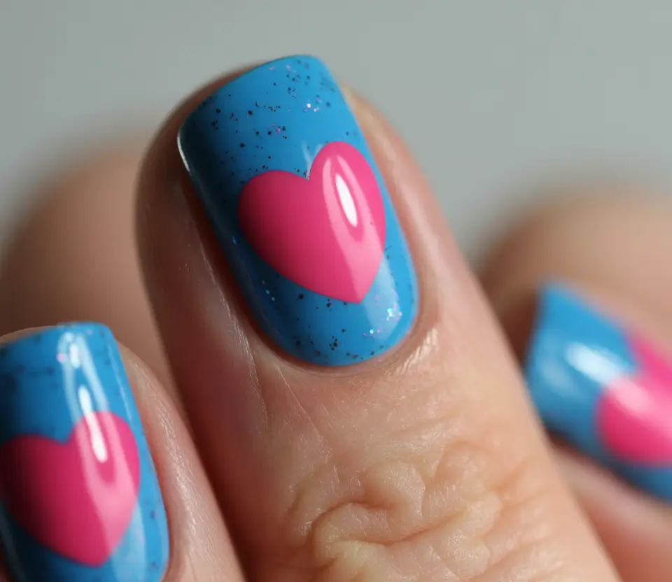 Cool Blue Nail Ideas for Summer 2025 Pop Art Hearts on Glitter Blue
