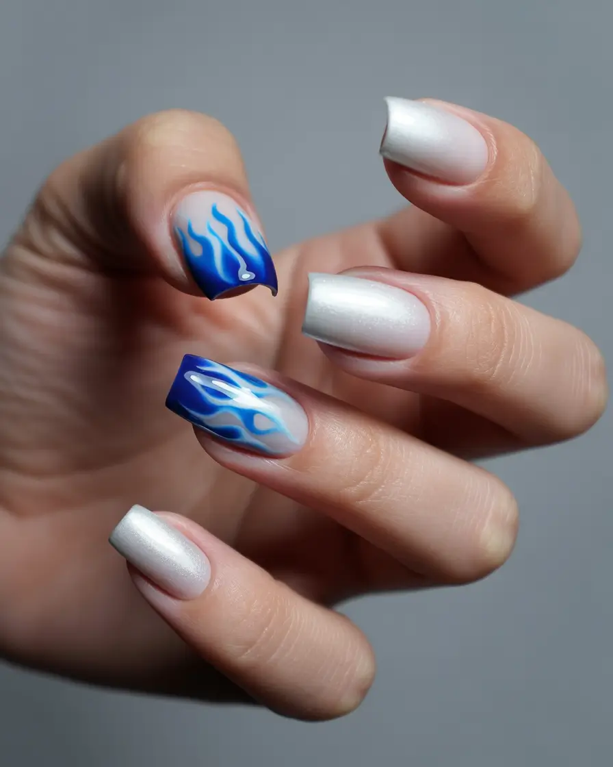 Cool Blue Nail Ideas for Summer 2025 White Flames on Pearl Shimmer