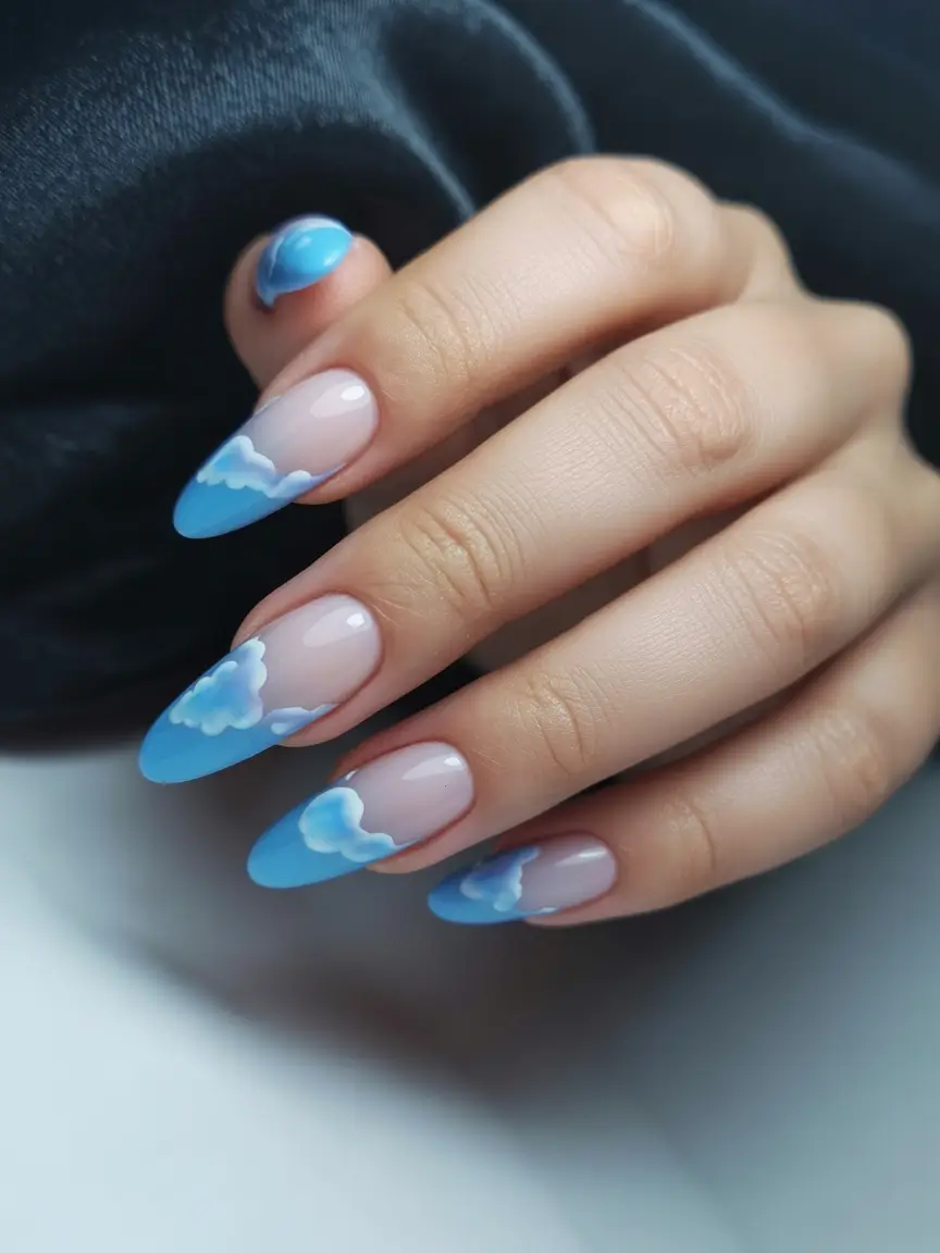 Cool Blue Nail Ideas for Summer 2025 Cloud French on Sky Blue Tips