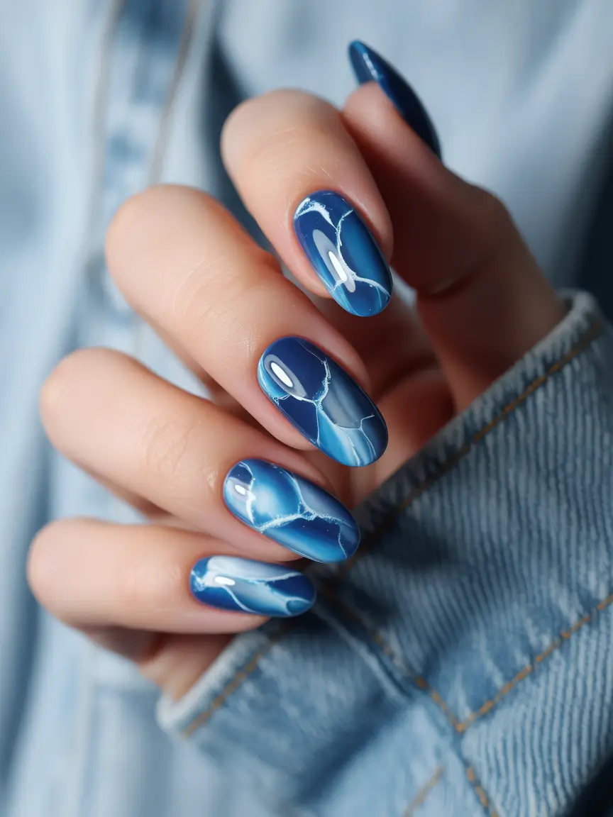Cool Blue Nail Ideas for Summer 2025 Lightning Marble in Midnight Blue