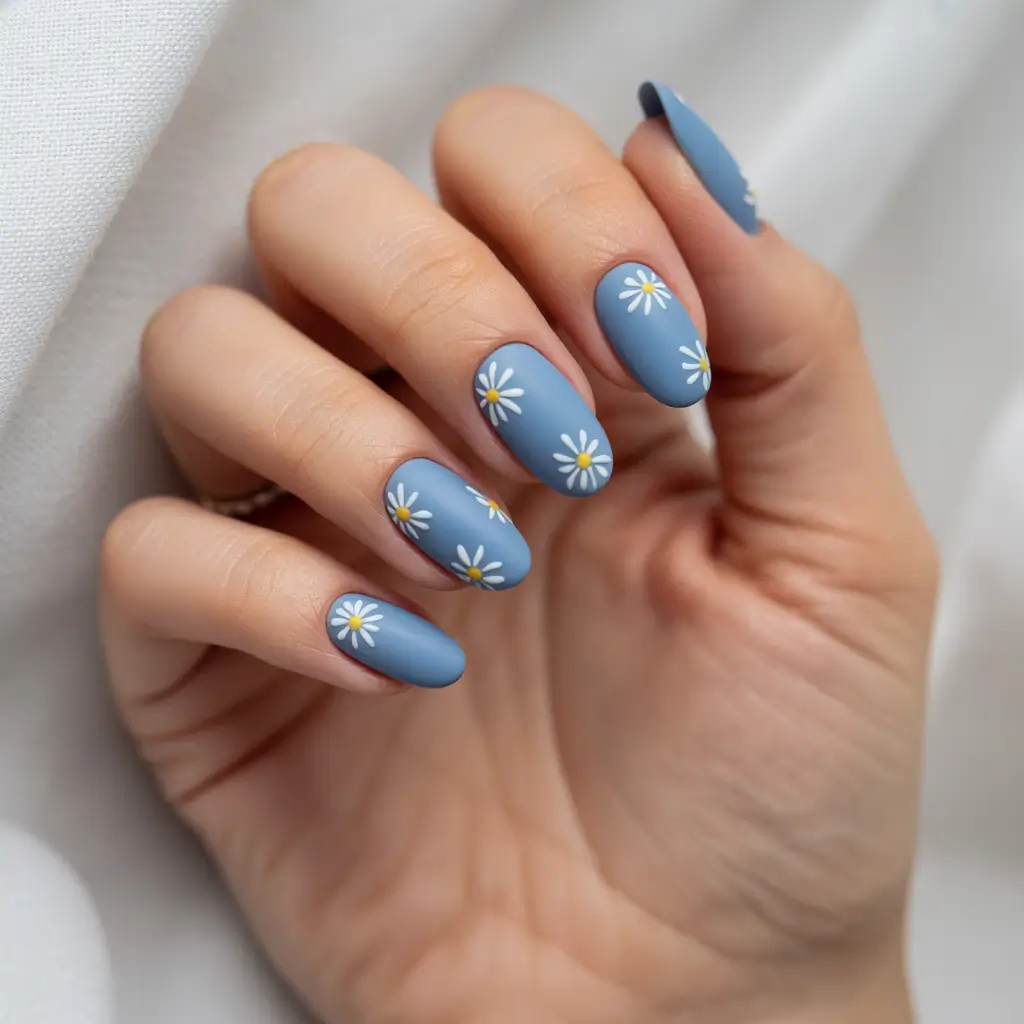 Cool Blue Nail Ideas for Summer 2025 Matte Blue Daisies for a Country Picnic Vibe