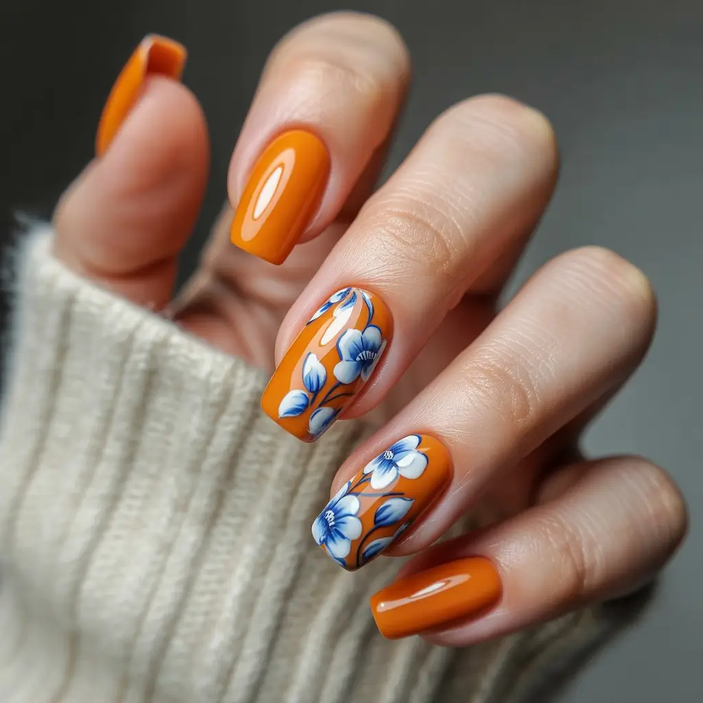 Cute Summer Nail Inspo for 2025 Burnt Citrus Blooms with Blue Petals