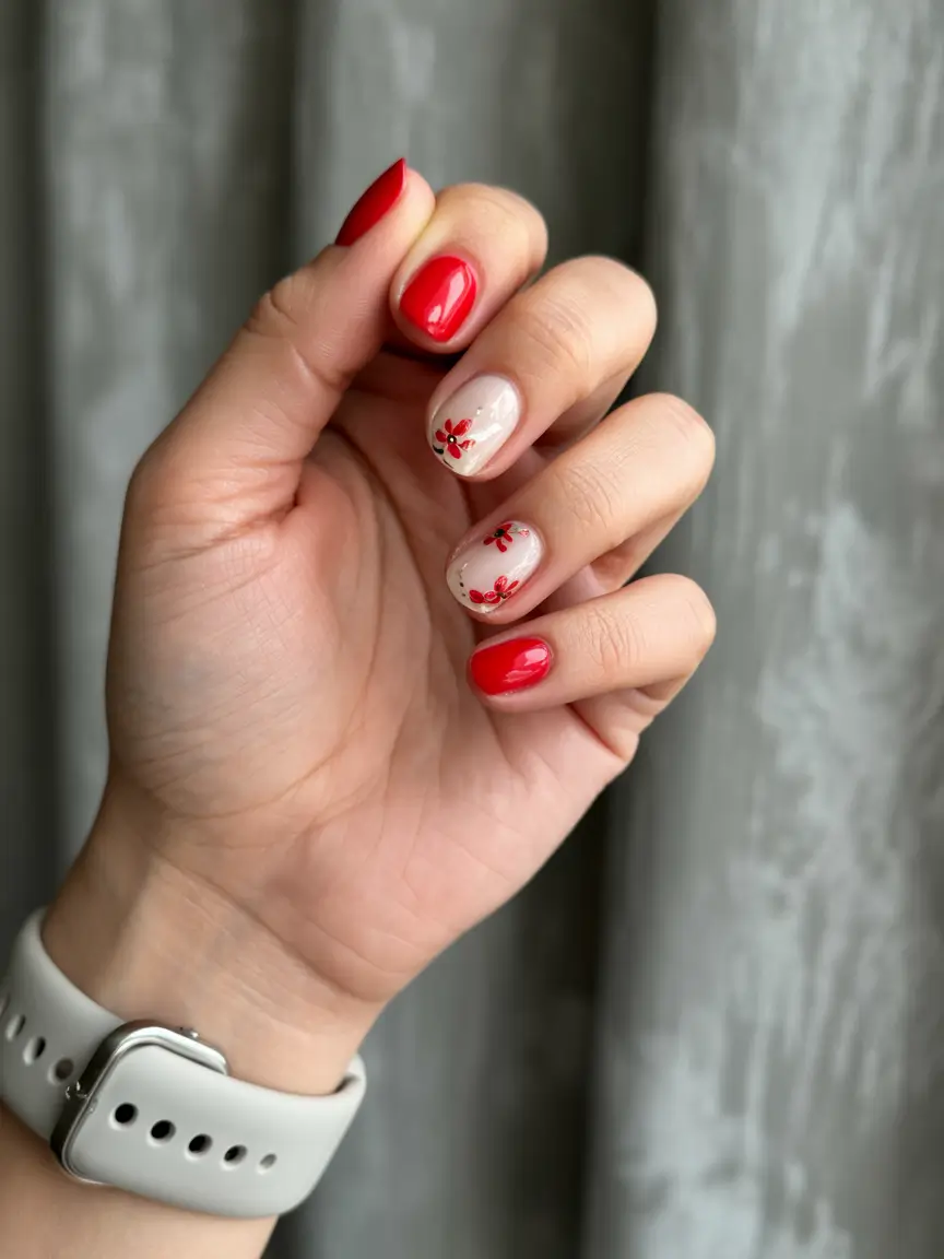 Cute Summer Nail Inspo for 2025 Floral Red with Subtle Sparkle