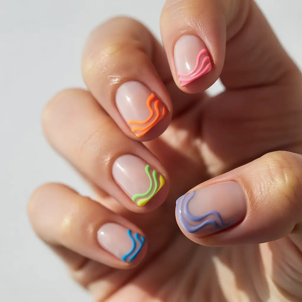 Cute Summer Nail Inspo for 2025 Neon Waves on Neutral