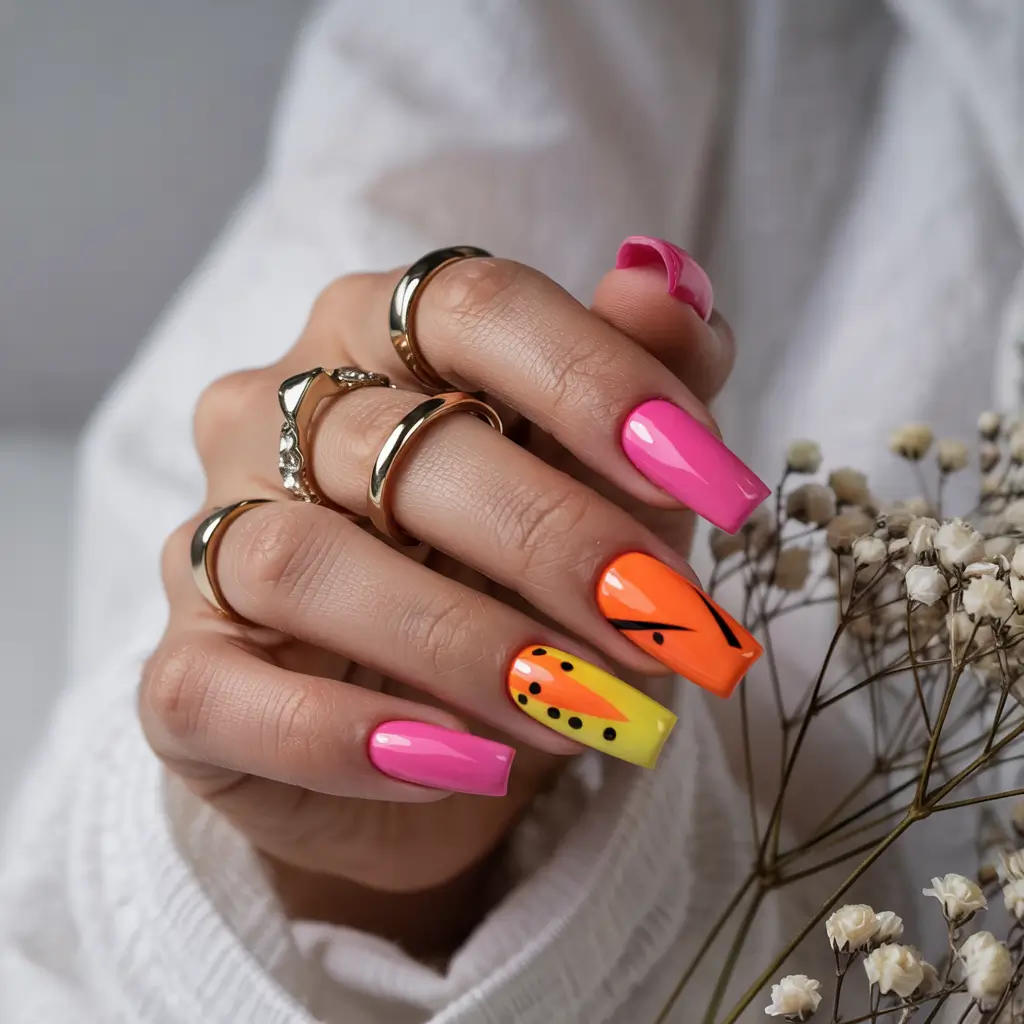 Cute Summer Nail Inspo for 2025 - Electric Citrus Meets Hot Pink