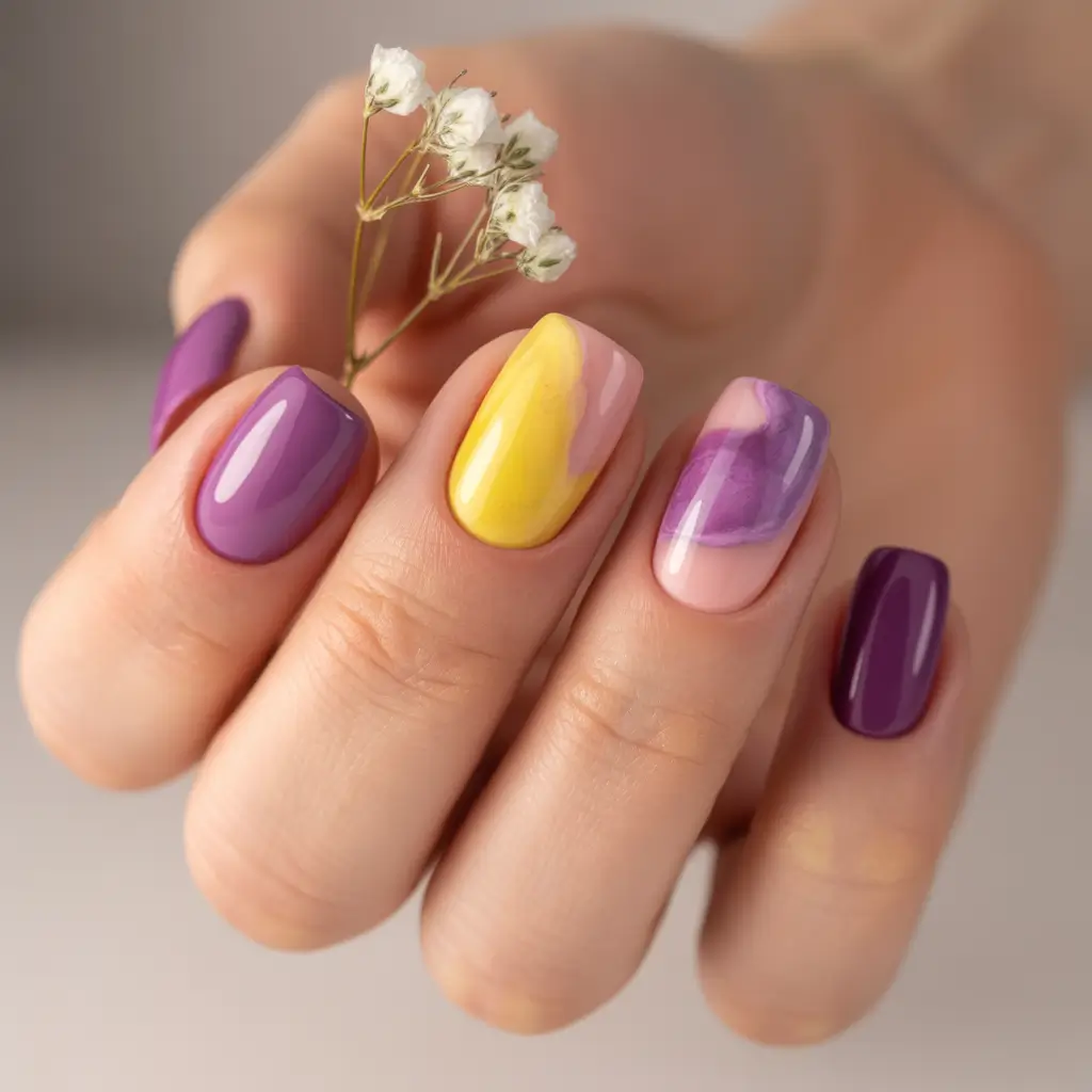 Cute Summer Nail Inspo for 2025 - Sunset Swirls in Lavender & Lemon
