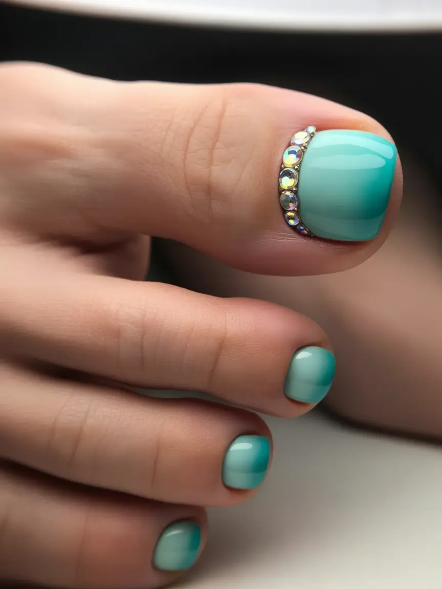 Cute Toe Nail Designs to Try Summer 2025 Tranquil Turquoise with a Gem Accent