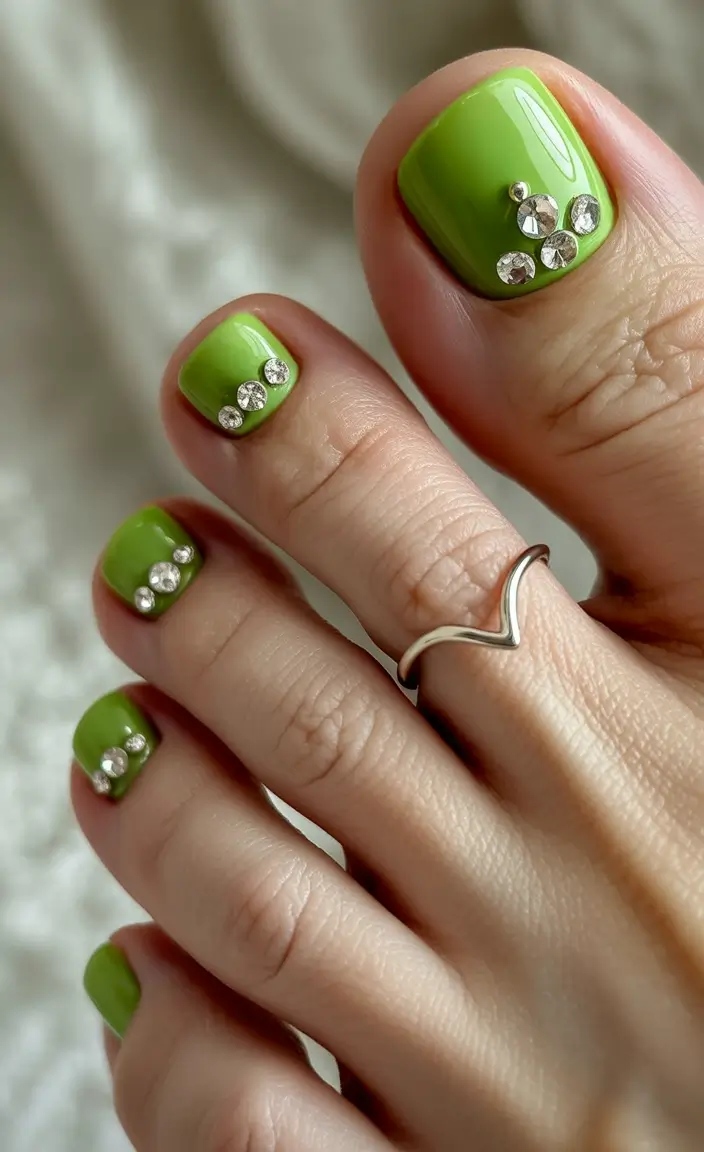 Cute Toe Nail Designs to Try Summer 2025 Lime Green Glam with Crystal Accents