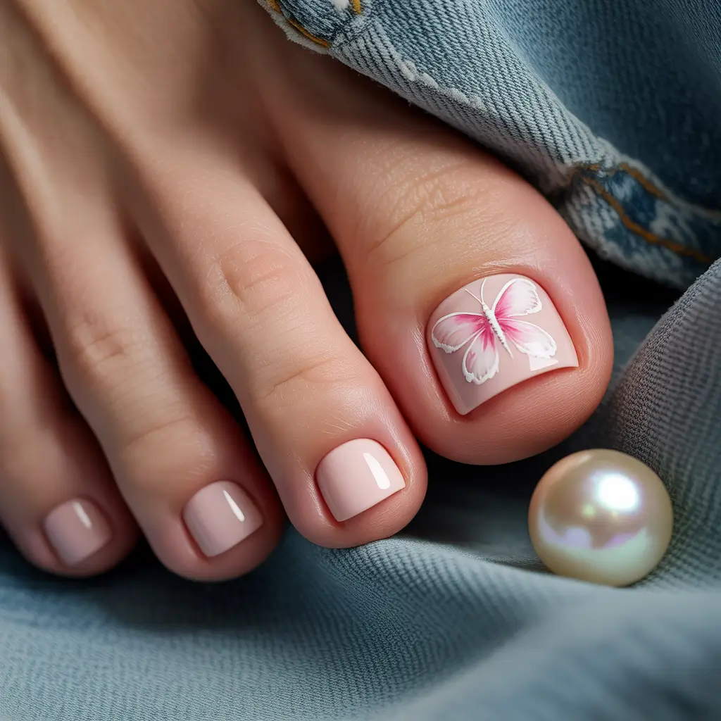 Cute Toe Nail Designs to Try Summer 2025 Delicate Pink Butterfly Accent