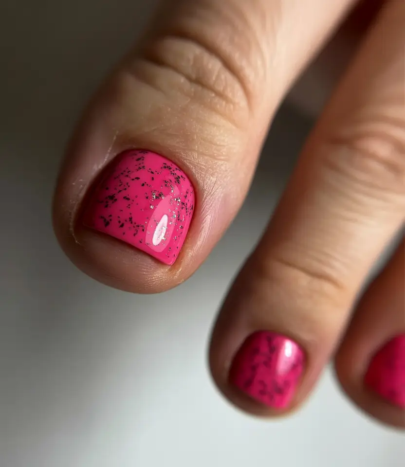 Cute Toe Nail Designs to Try Summer 2025 Hot Pink with Speckled Black Accent
