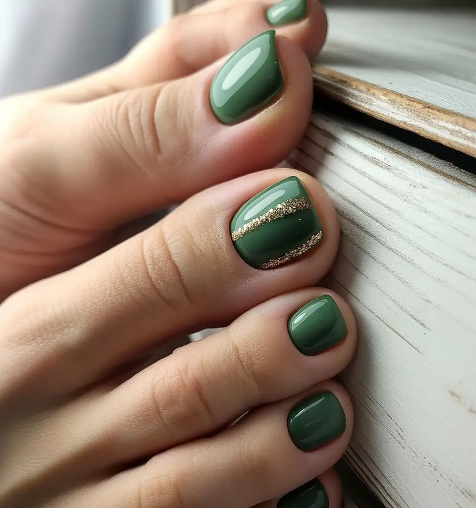 Cute Toe Nail Designs to Try Summer 2025 - Elegant Forest Green with Gold Accent