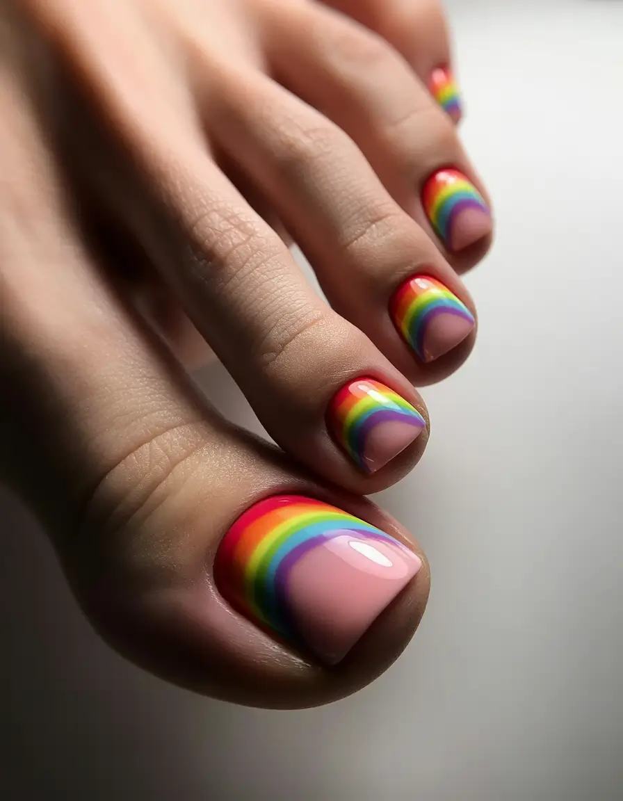 Cute Toe Nail Designs to Try Summer 2025 Vibrant Rainbow Arch Design