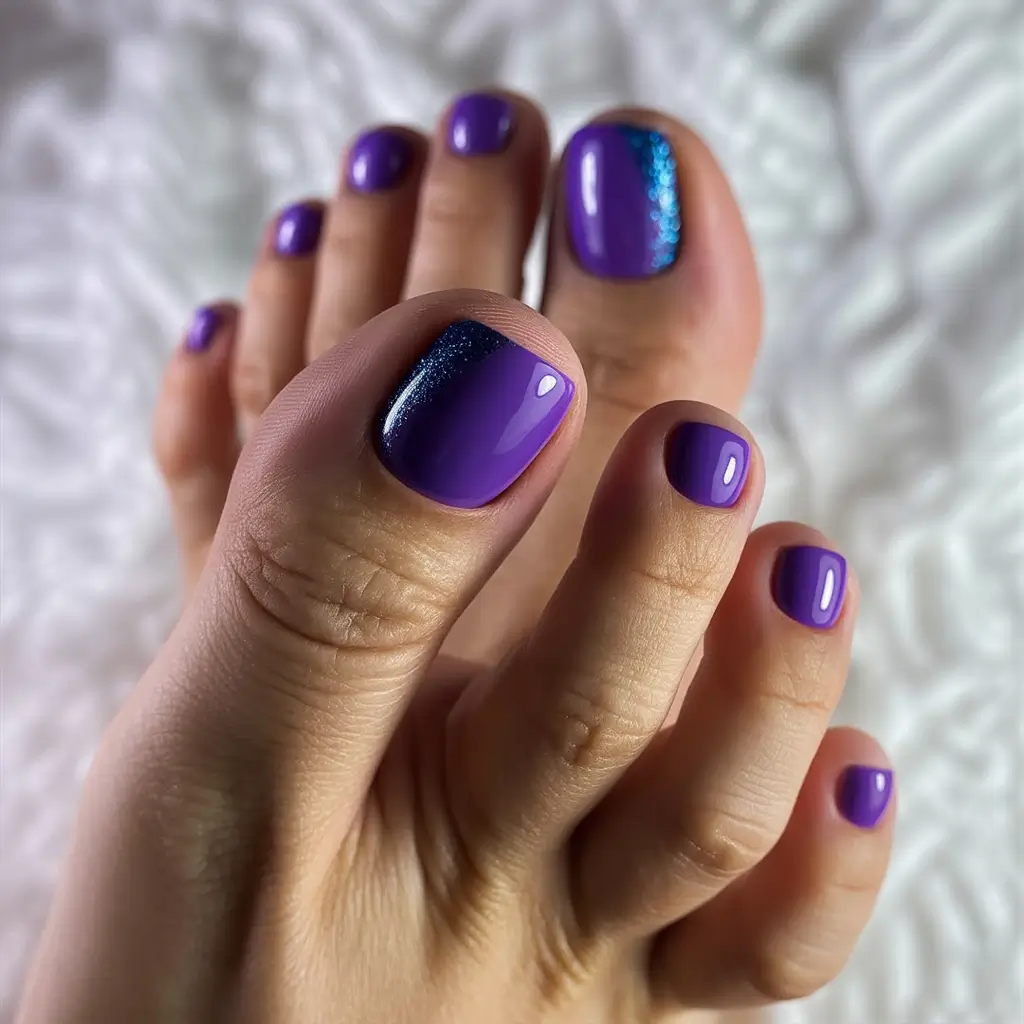 Cute Toe Nail Designs to Try Summer 2025 Royal Purple with a Glittering Accent