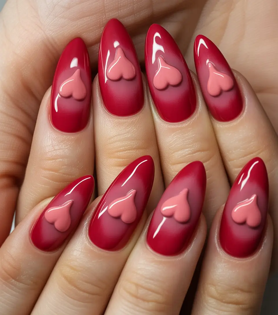 Cutest Nail Ideas for Summer 2025 Velvety Red Hearts on Glossy Tips