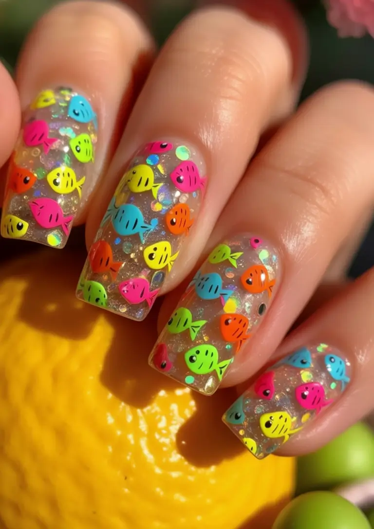 Cutest Nail Ideas for Summer 2025 Neon Fish Confetti Nails