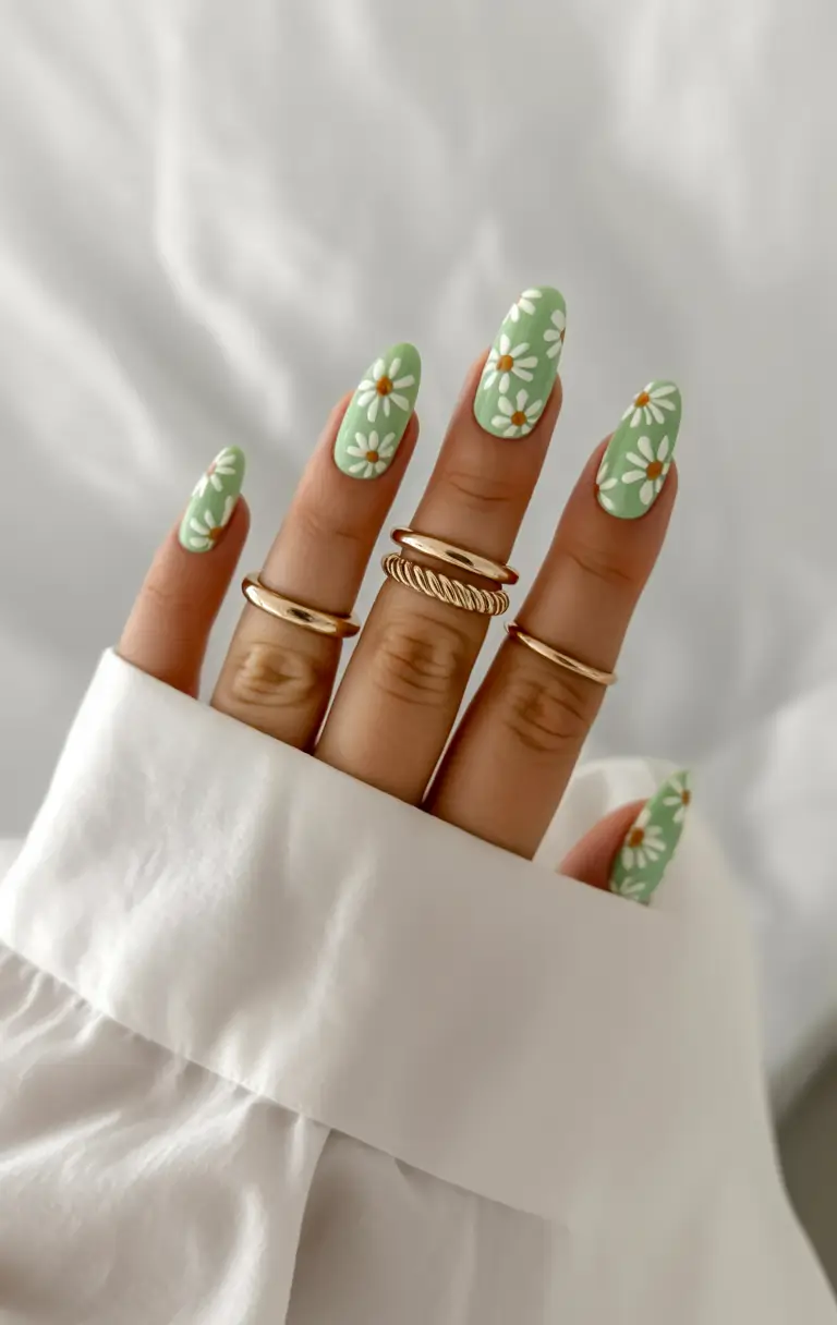 Cutest Nail Ideas for Summer 2025 - Daisy-Drenched Soft Green Daydream
