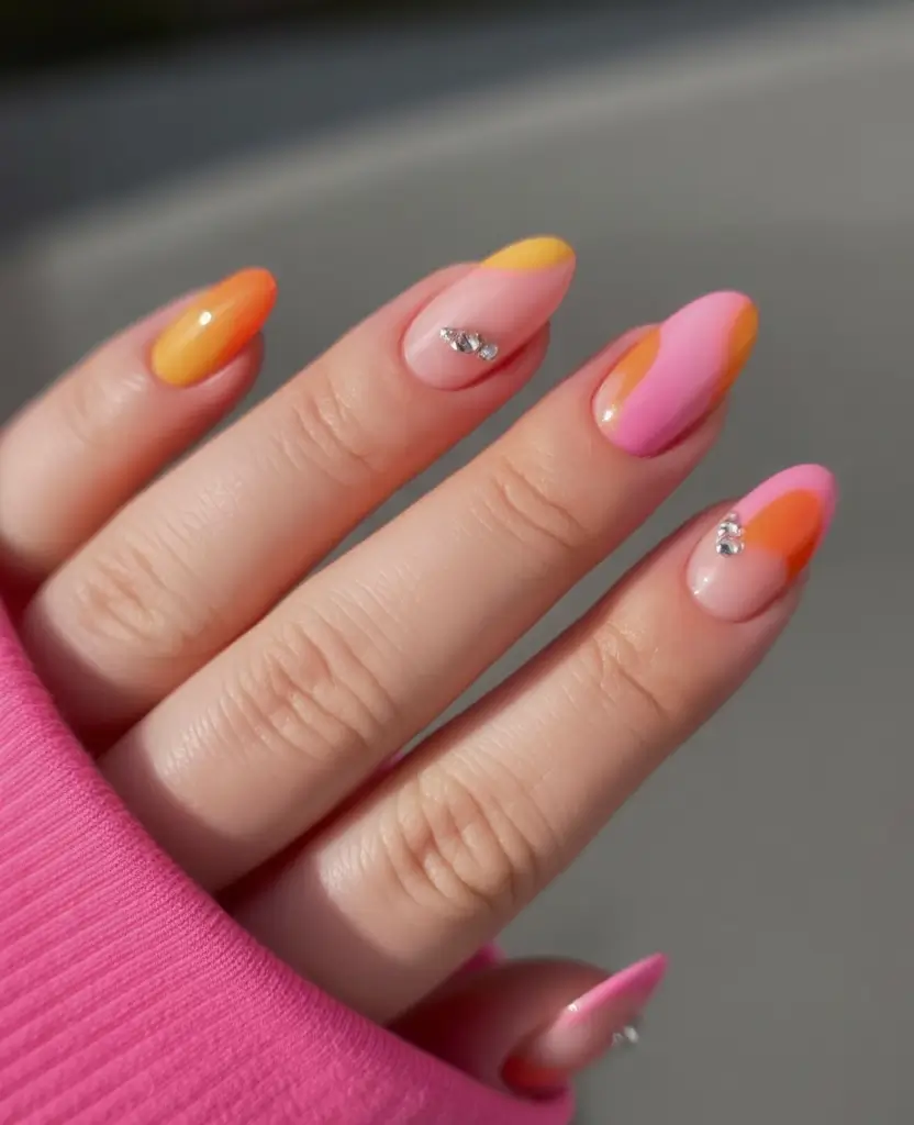 Summer 2025 Nail Art Inspiration: Tutti-Frutti Summer Swirls with Bling
