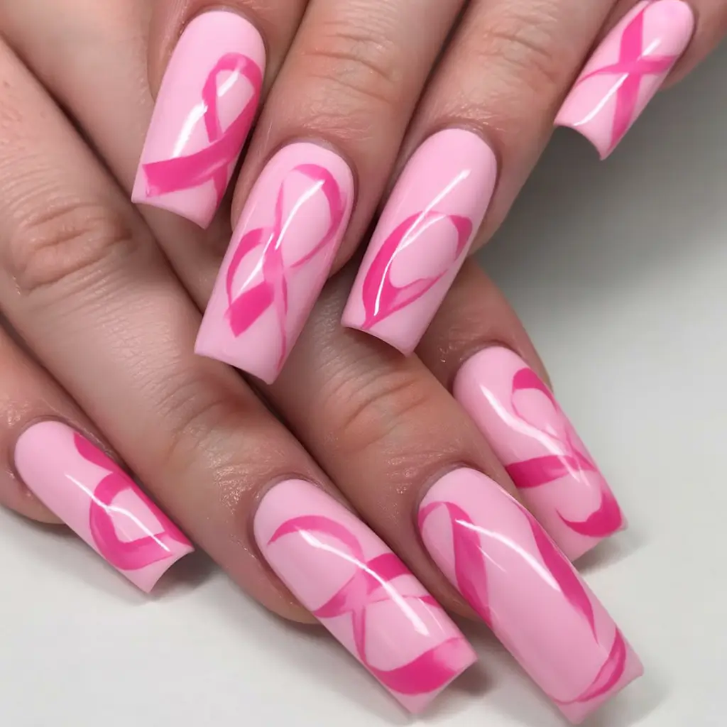 Cutest Nail Ideas for Summer 2025 - Glossy Pink Ribbons That Speak with Purpose