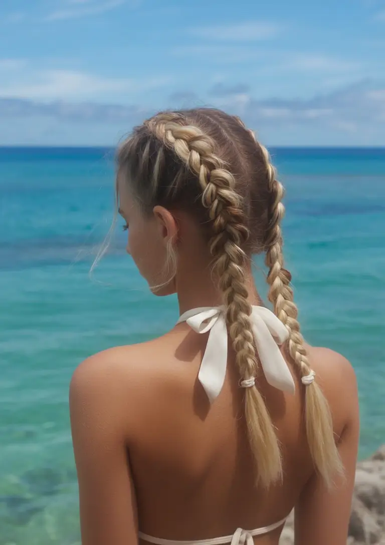 Effortless Pool Day Hairstyles - Simple Summer 2025 Looks Sun-Kissed Twin Braids with Ribbon Ends