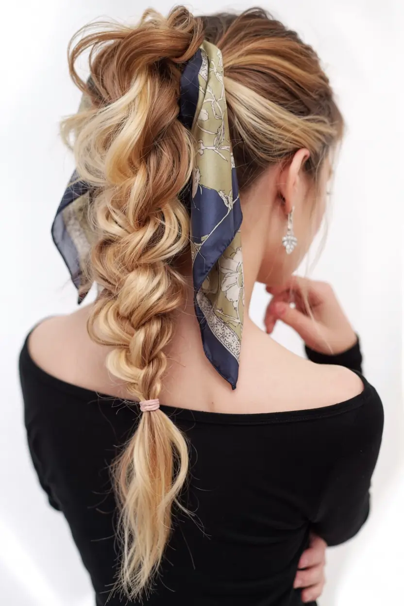 Effortless Pool Day Hairstyles - Simple Summer 2025 Looks Boho Braided Pony with Scarf Detail