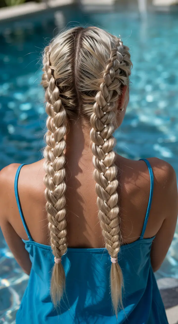 Effortless Pool Day Hairstyles - Simple Summer 2025 Looks Classic Double Dutch Braids with a Pearl Twist