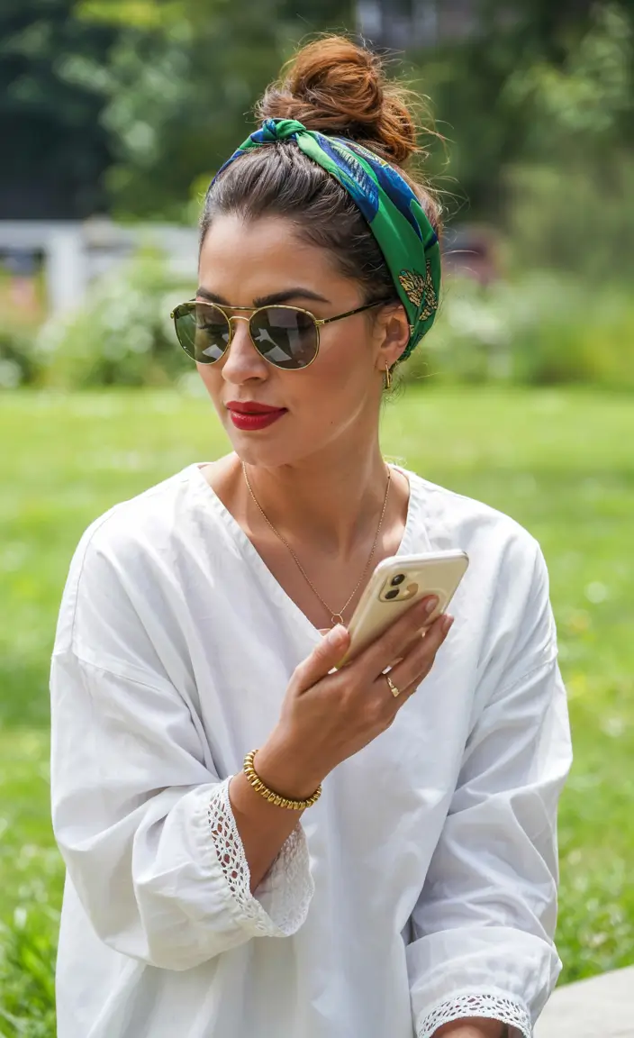 Effortless Pool Day Hairstyles - Simple Summer 2025 Looks Messy Bun with Silk Headwrap