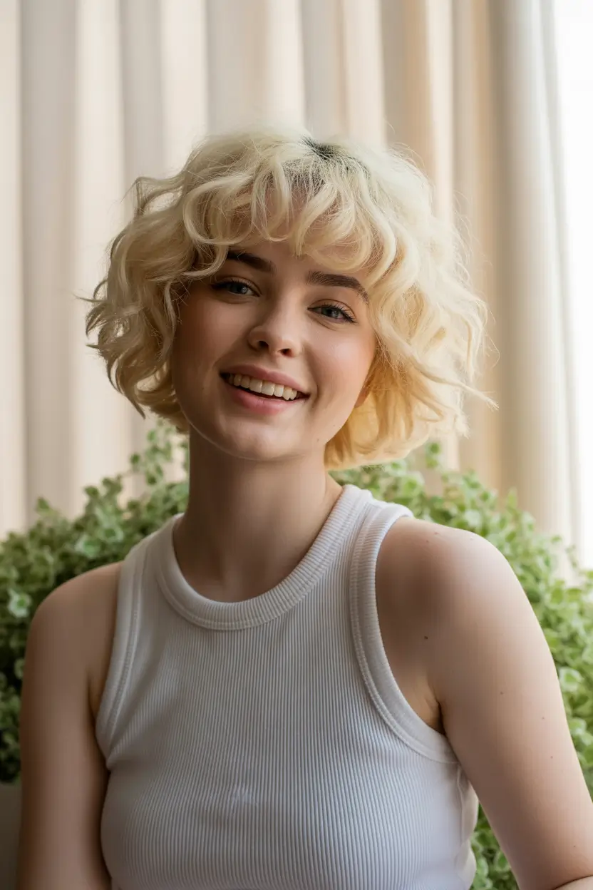 Flattering Haircuts for Round Faces - Summer Looks 2025+Blonde Curly Bob with Fringe