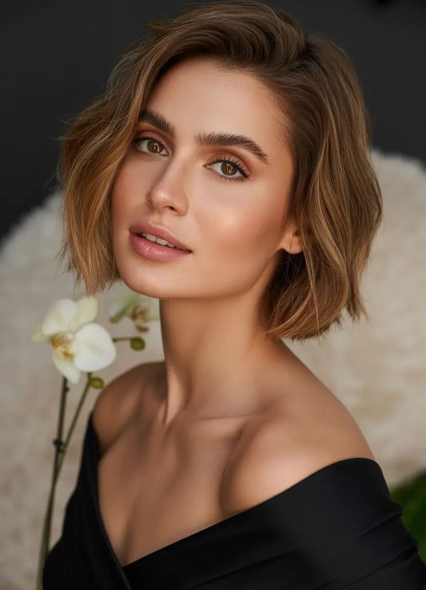 Flattering Haircuts for Round Faces - Summer Looks 2025+Angled Bob with Sunkissed Brunette Tones