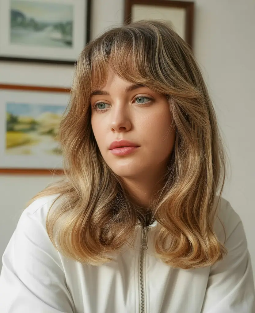Flattering Haircuts for Round Faces - Summer Looks 2025+Mid-Length Tousled Waves with Shaggy Bangs
