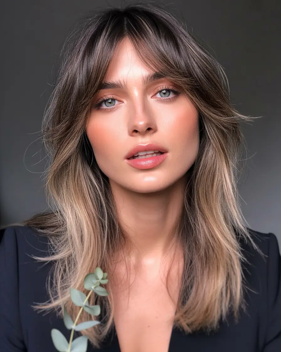 Flattering Haircuts for Round Faces - Summer Looks 2025+Layered Ash Brown Balayage with Curtain Bangs