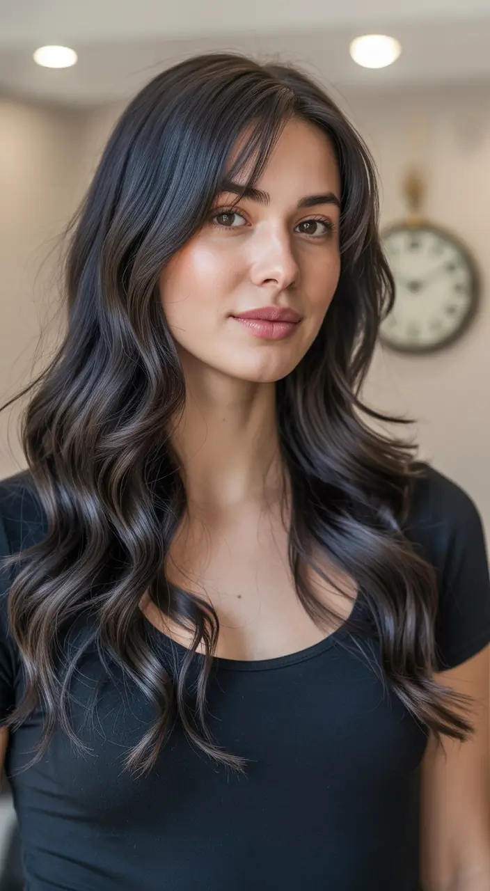 Flattering Haircuts for Round Faces - Summer Looks 2025+Soft Charcoal Waves with Swoopy Bangs