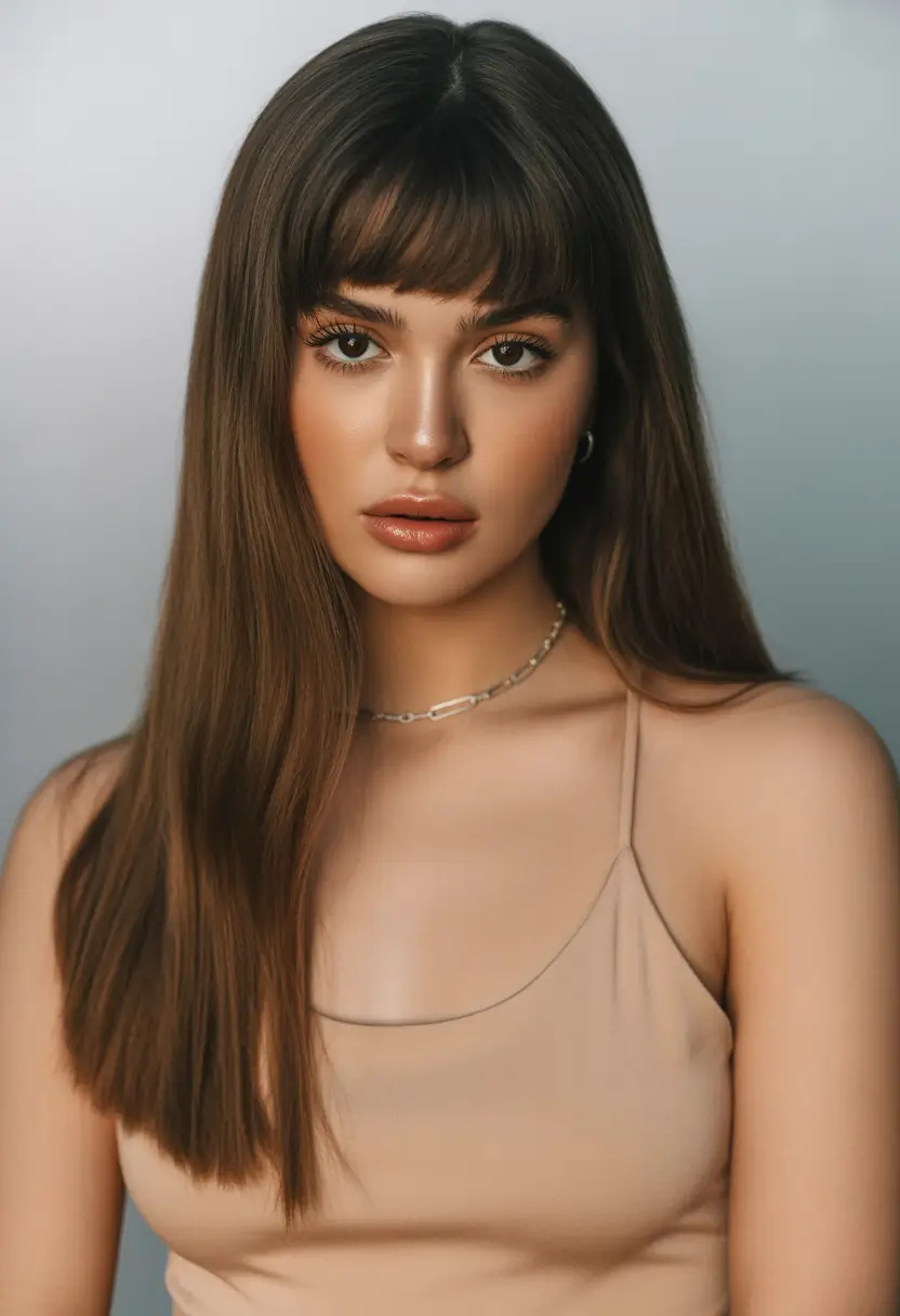 Flattering Haircuts for Round Faces - Summer Looks 2025+Long Sleek Hair with Blunt Bangs