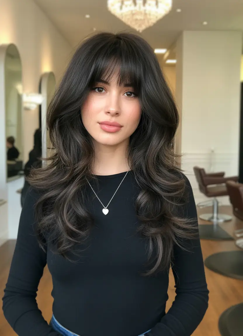 Flattering Oval-Face Haircuts to Try Full Bangs and Cascading Volume