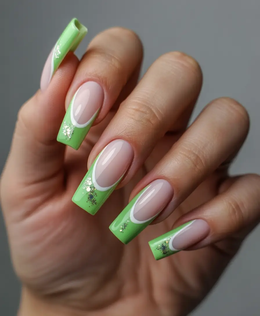 French Tip Nails with a Summer 2025 Twist - Glittering Green French Tips