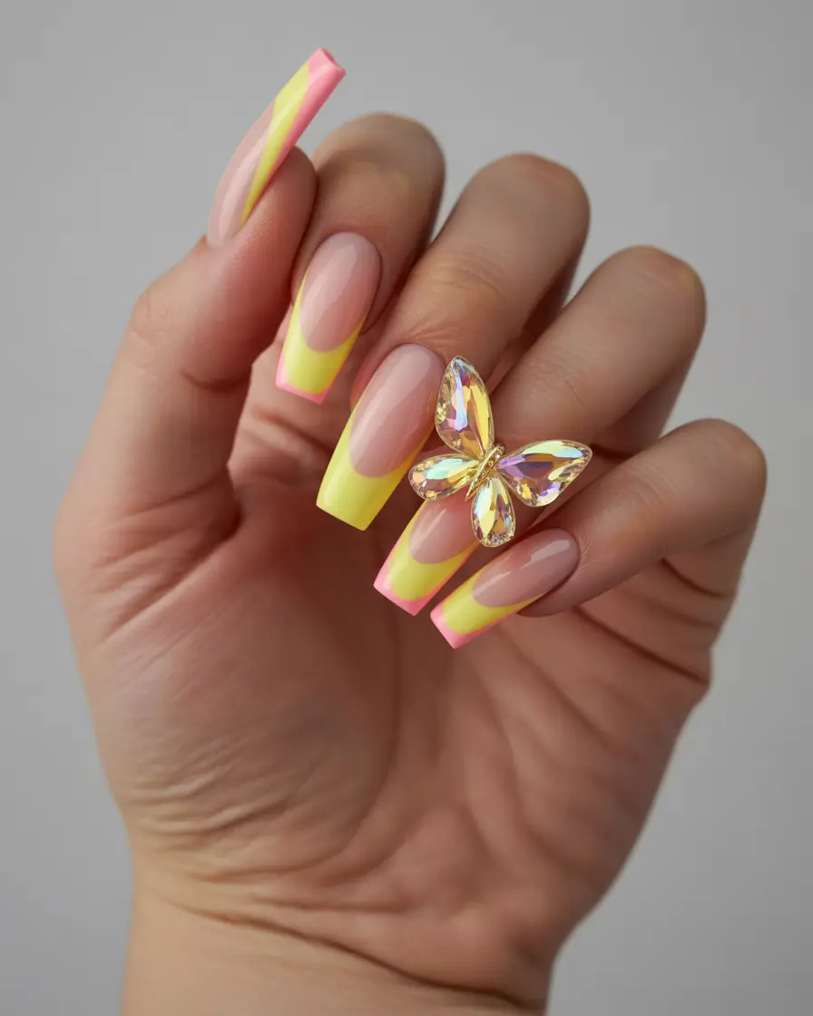 French Tip Nails with a Summer 2025 Twist - Neon Butterfly French Tips