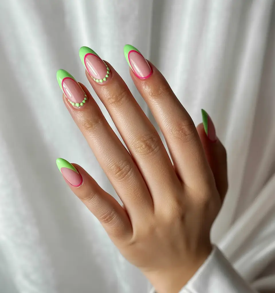French Tip Nails with a Summer 2025 Twist - Neon Greens with a Pop