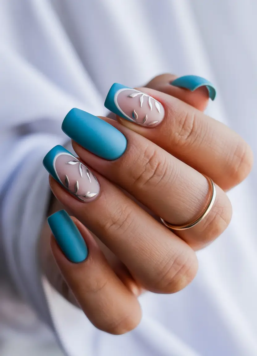 French Tip Nails with a Summer 2025 Twist - Minimalist Blue with Metallic Leaves