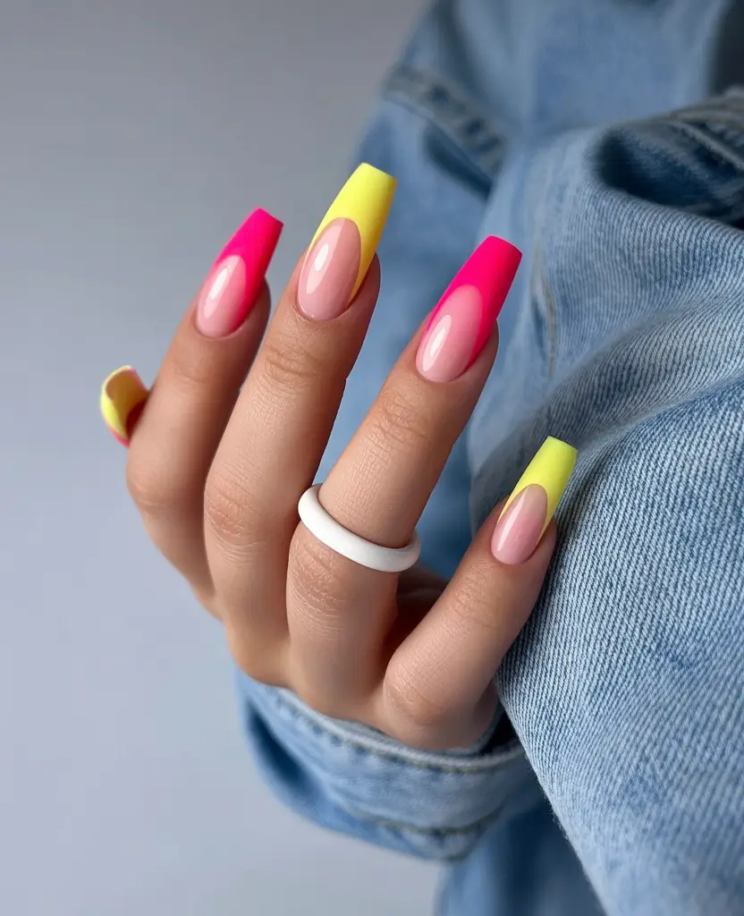 French Tip Nails with a Summer 2025 Twist - Neon Pop in Pink and Yellow