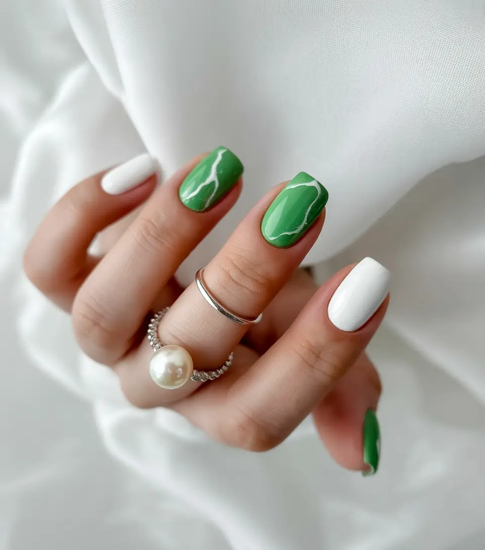 Fresh Green Nails for Summer 2025+Fresh Marble on Short Green Canvas