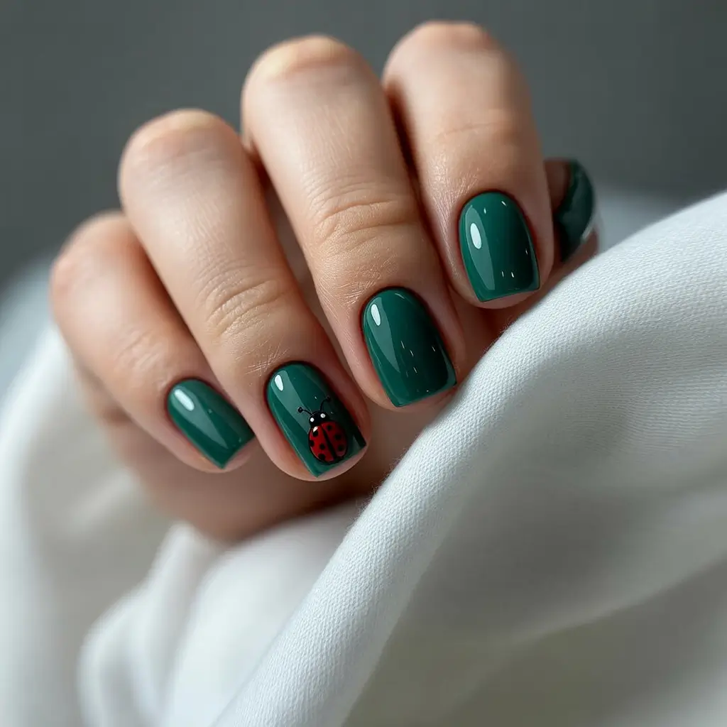 Fresh Green Nails for Summer 2025+Ladybug on Forest Green