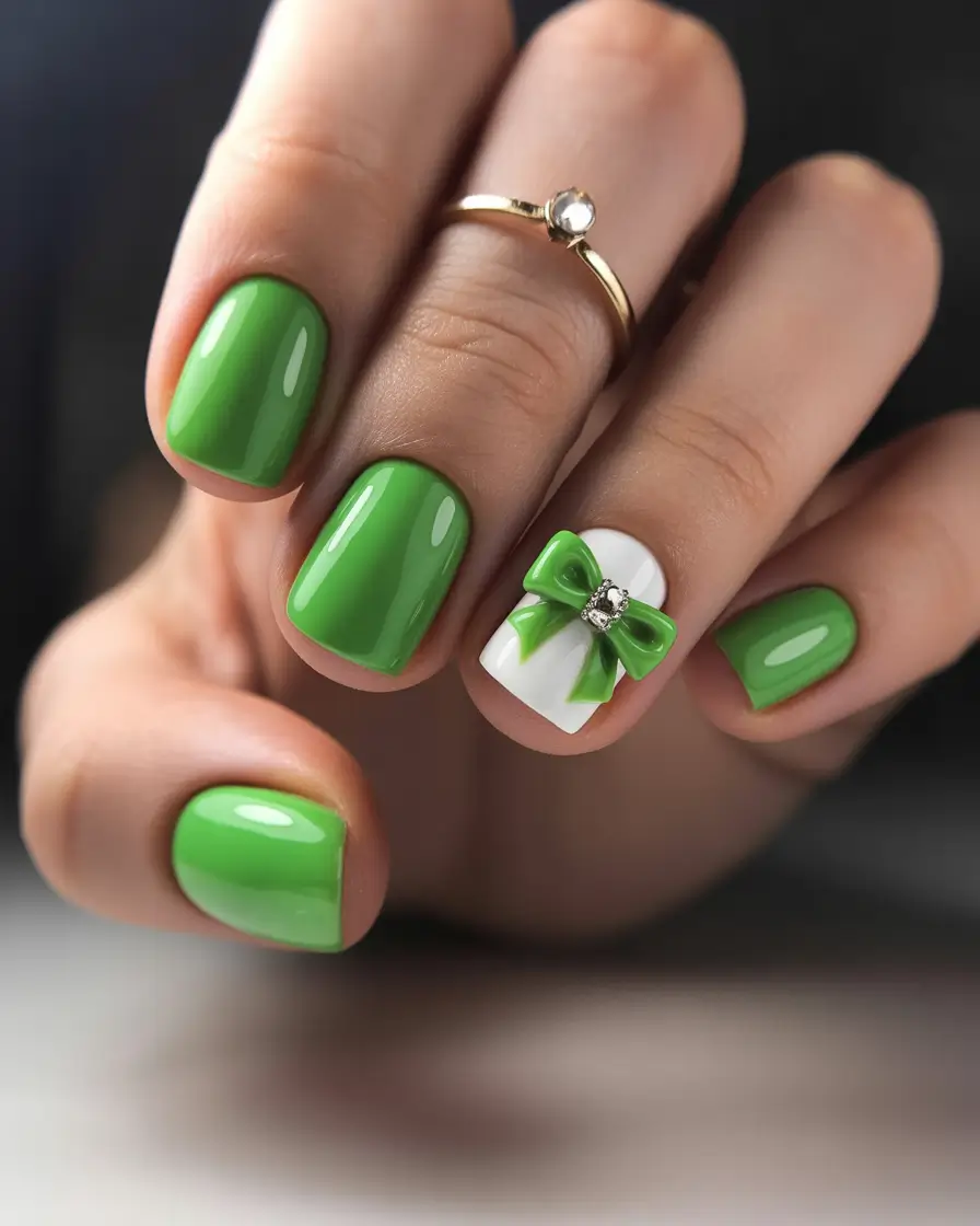 Fresh Green Nails for Summer 2025 Bright Lime Charm with 3D Bow Detail