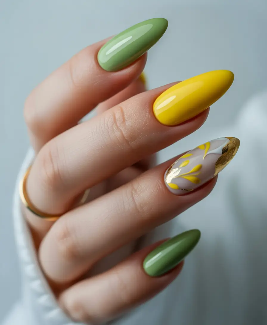 Fresh Green Nails for Summer 2025 Earthy Elegance in Olive, Yellow & Gold