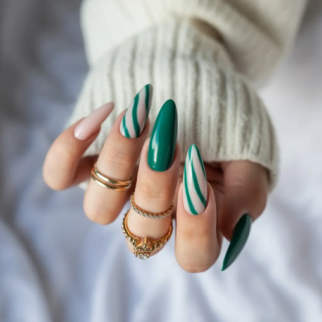 Fresh Green Nails for Summer 2025 Sleek Jungle Stripes with Almond Flair
